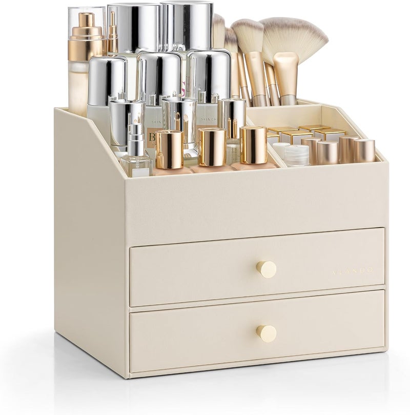 Vlando Makeup Organizer for Vanity - PU Leather Skin Care Storage for Lipstick,Brushes,Perfumes - Large Capacity Bathroom Counter Organizer with Drawers - Beige - Image 1