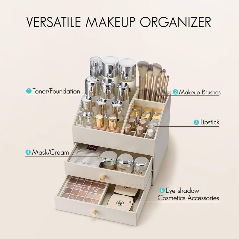 Vlando Makeup Organizer for Vanity - PU Leather Skin Care Storage for Lipstick,Brushes,Perfumes - Large Capacity Bathroom Counter Organizer with Drawers - Beige - Image 4