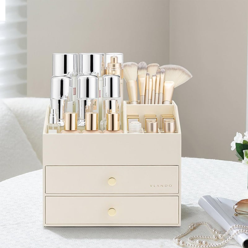 Vlando Makeup Organizer for Vanity - PU Leather Skin Care Storage for Lipstick,Brushes,Perfumes - Large Capacity Bathroom Counter Organizer with Drawers - Beige - Image 2
