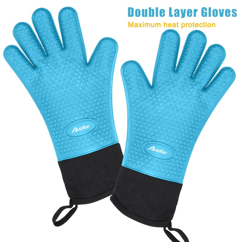 Auzilar Silicone Cooking Gloves, Heat Resistant BBQ Kitchen Oven Mitts, Long Waterproof Non-Slip Potholder for Barbecue, Cooking, Baking - Image 2