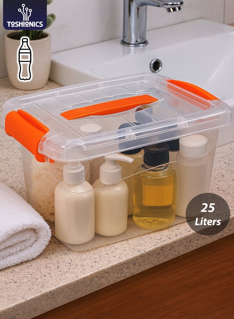 دي بلو 25 Liters Premium Clear Plastic Storage Box with Lockable Lid Carry Handle & Clip Locks – T114628 – Stackable Transparent Organizer Bin for Clothes, Toys, Tools, Snacks & Home Storage (41×30×23.5 cm) - Image 2