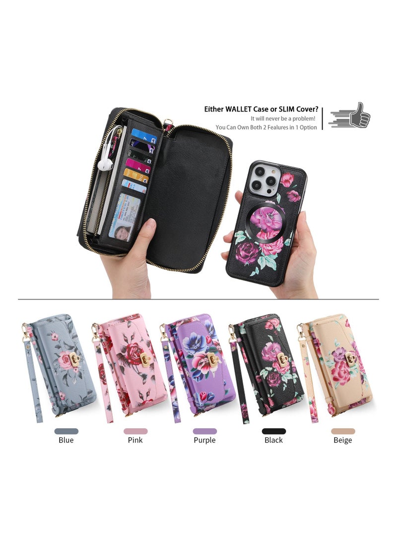 Suteni Floral Flip Cover Leather Protective Hidden Card Slots with Mirror Phone Case for iPhone - Image 2