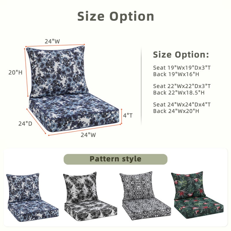 Favoyard Outdoor Seat Cushion 24 x 24 x 4 in Waterproof Pattern Fade Resistant Cover Removable Patio Furniture Cushions Deep Seat & Back Cushion Set with Adjustable Straps for Patio Chair Sofa Couch - Image 2