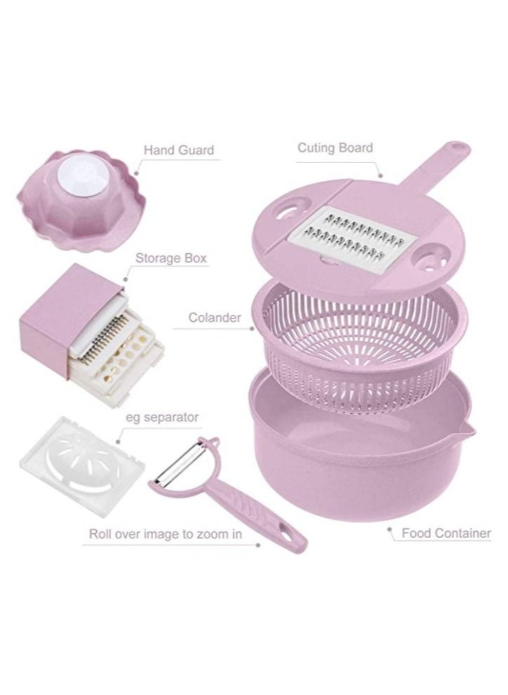 Generic Vegetable Slicer-10 In 1 Vegetable Spiralizer Mandoline Cutter And Kitchen Multipurpose Julienne Grater With Guard And Egg White Separator Vegetable Cutter Drain Basket Pink  - Image 3