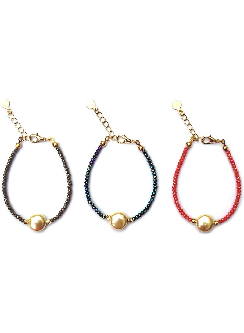 Alwan Set of 3 Crystal Bracelets with a Majorca Style Pearl - Image 1