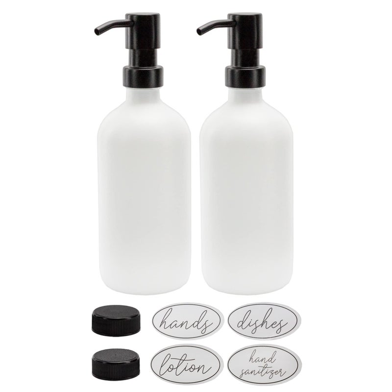 Darware 16oz Glass Pump Bottles Set of 2 White wBlack Soap Dispenser Pump Bottles with Brushed Metal Pump Tops
