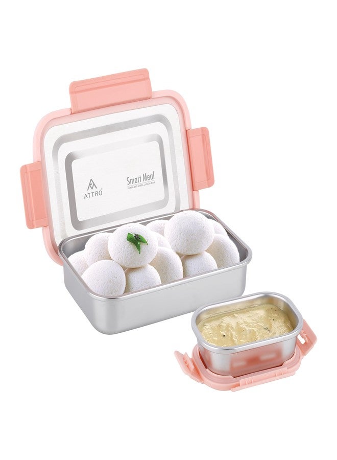 ATTRO Smart Meal Big Stainless Steel Lunch Box with 1 Small Container Airtight Spill-Proof BPA Free Food Grade Ideal for Office, School, Picnic, 950ml+170ml- Peach - Image 1