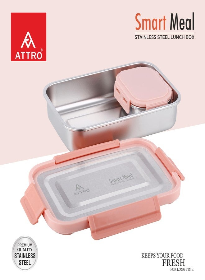 ATTRO Smart Meal Big Stainless Steel Lunch Box with 1 Small Container Airtight Spill-Proof BPA Free Food Grade Ideal for Office, School, Picnic, 950ml+170ml- Peach - Image 2