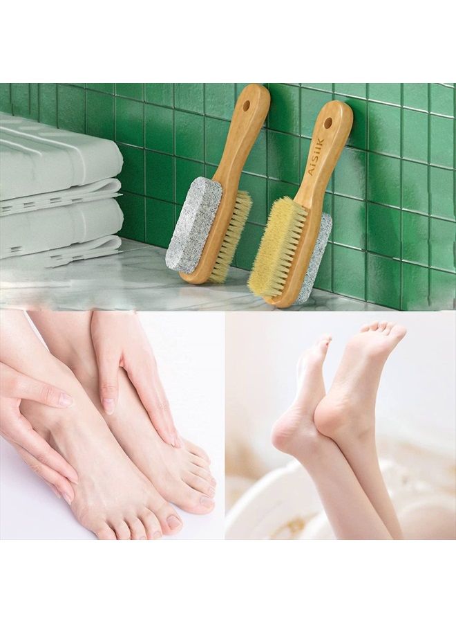 Foot Natural Bristle Brush & Pumice Stone Combo W/Rope wooden handle - Exfoliator Pedicures Calluses Remover - Smoother Body skin, feet, elbow Scrubber for Massage SPA Sauna and more