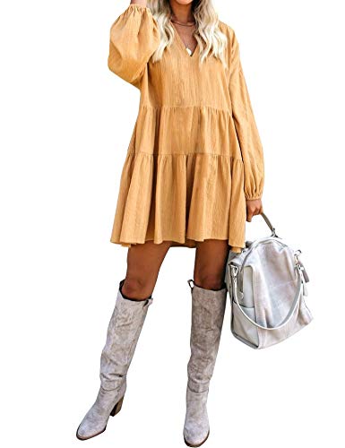 FANCYINN Womens Cute Shift Tunic Dress Babydoll Long Lantern Sleeves V Neck Beach Ruffle Mini Dresses & Pockets Mustard L - Image 3