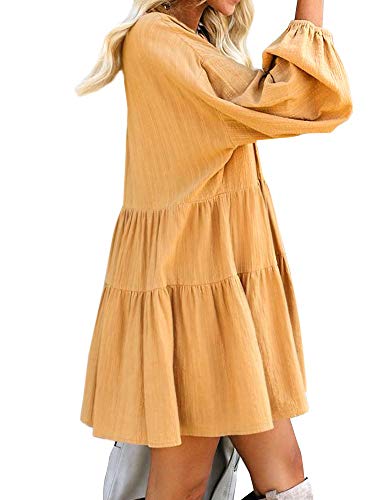 FANCYINN Womens Cute Shift Tunic Dress Babydoll Long Lantern Sleeves V Neck Beach Ruffle Mini Dresses & Pockets Mustard L - Image 2