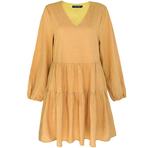 FANCYINN Womens Cute Shift Tunic Dress Babydoll Long Lantern Sleeves V Neck Beach Ruffle Mini Dresses & Pockets Mustard L - Image 4