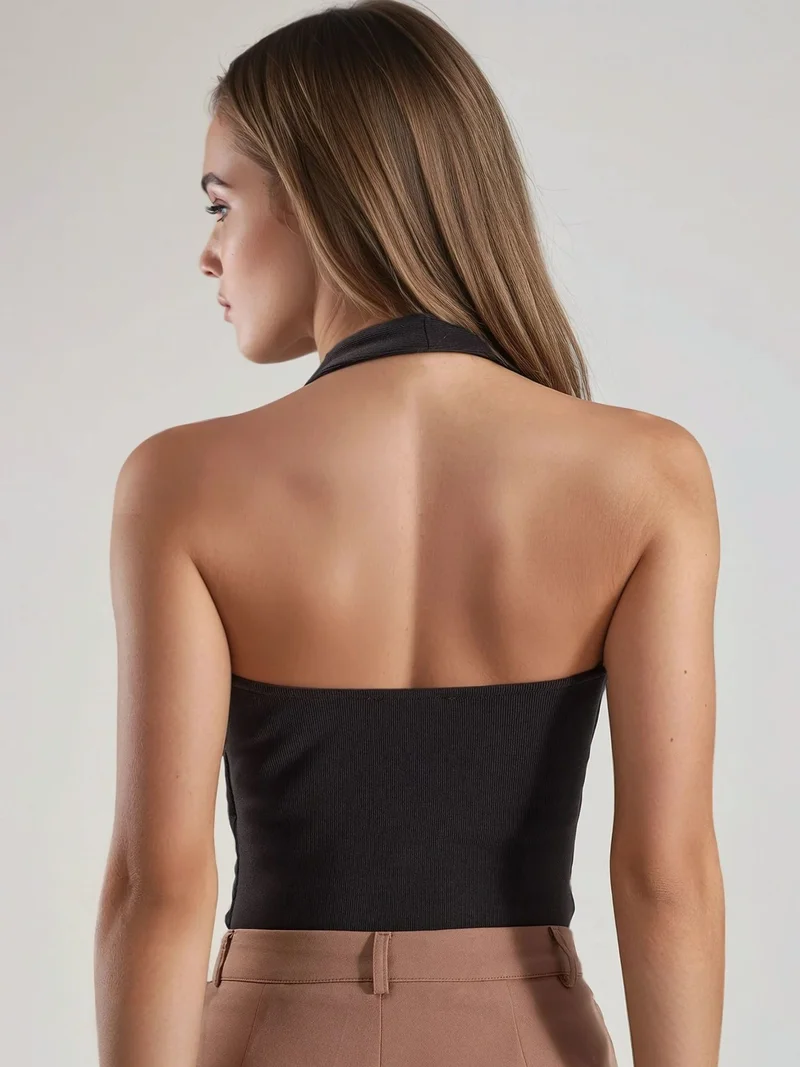 Hiccup Mocha Brown Fitted Halter Neck Knit Top for Women | Best Price UAE