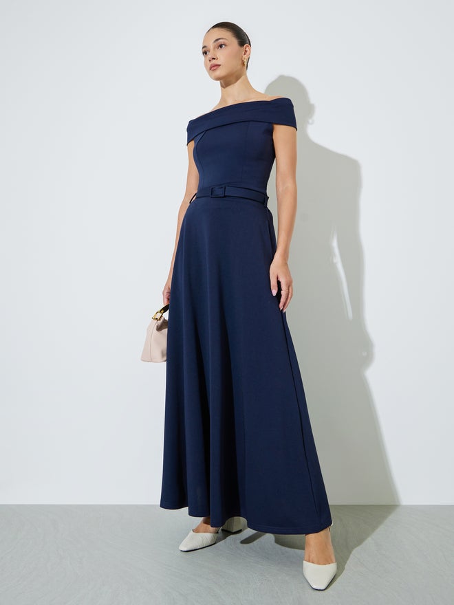 Styli Navy Blue A-Line Maxi Skirt with Belt - Image 3