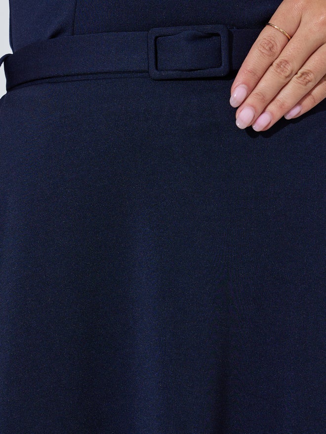 Styli Navy Blue A-Line Maxi Skirt with Belt - Image 4
