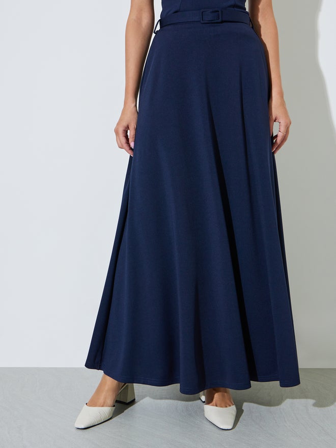 Styli Navy Blue A-Line Maxi Skirt with Belt - Image 2
