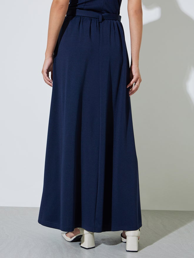 Styli Navy Blue A-Line Maxi Skirt with Belt - Image 5