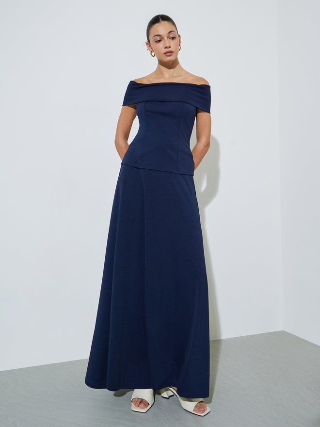 Styli Navy Blue A-Line Maxi Skirt with Belt - Image 1