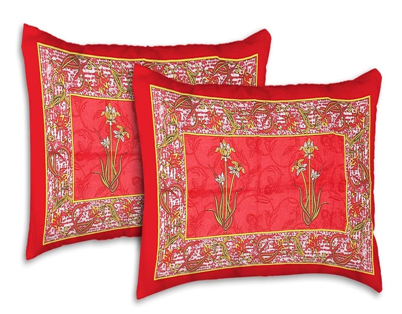 E Elma Pure Cotton Rajasthani Tradition Queen Size Jaipuri Double Bedsheets with 2 Pillow Covers Standard Red - Image 3