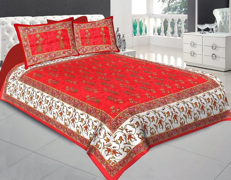 E Elma Pure Cotton Rajasthani Tradition Queen Size Jaipuri Double Bedsheets with 2 Pillow Covers Standard Red - Image 1