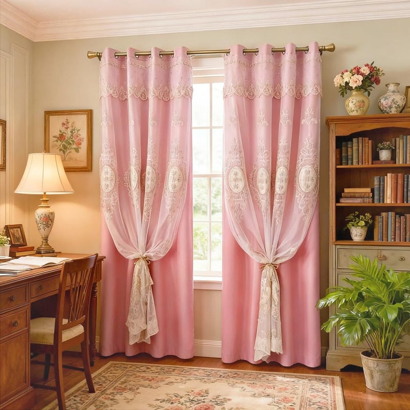 Amidoudou 1 Pair Luxury 3D Flower Embroidered Curtains for Bedroom European Double Layer Curtains with Valances for Living Room (Pink,52x84 Inch) - Image 3