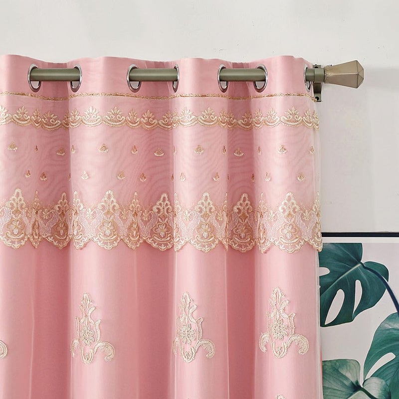 Amidoudou 1 Pair Luxury 3D Flower Embroidered Curtains for Bedroom European Double Layer Curtains with Valances for Living Room (Pink,52x84 Inch) - Image 4