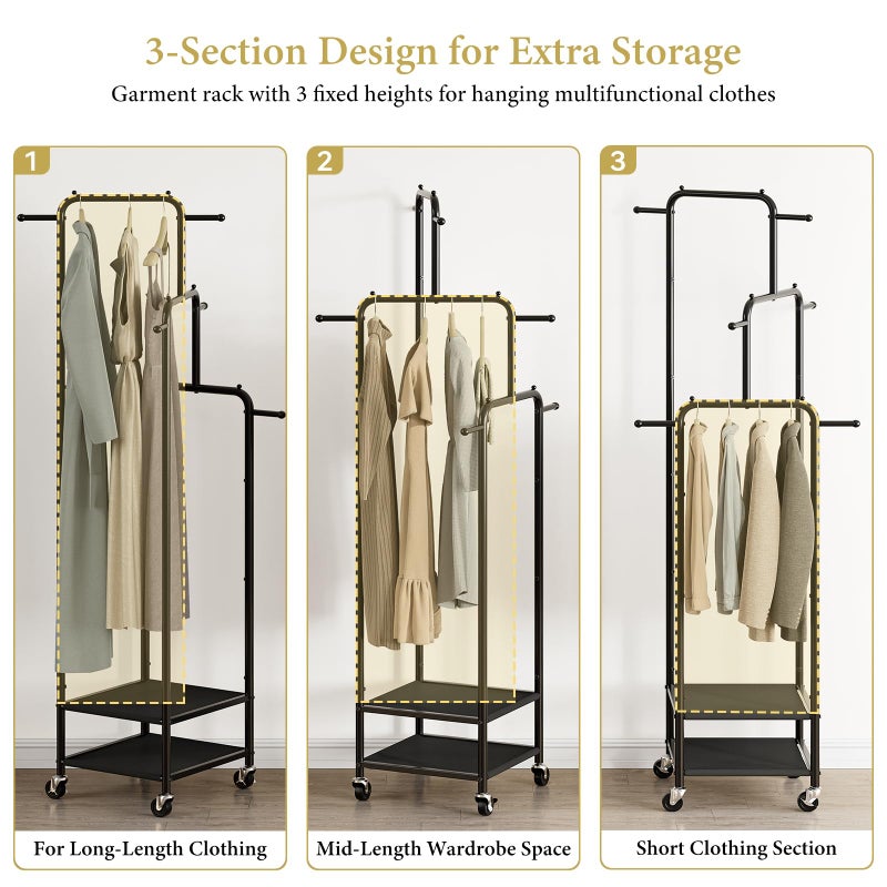 Chrislley Small Clothing Rack With Wheels, 71" Portable Rolling Garment Rack With 2 Shelves and 6 Hooks, 3-Section Different Heights Heavy Duty Metal Clothes Rack For Coats, Shirts, Bags, Shoes, Black - Image 4