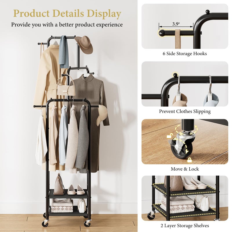 Chrislley Small Clothing Rack With Wheels, 71" Portable Rolling Garment Rack With 2 Shelves and 6 Hooks, 3-Section Different Heights Heavy Duty Metal Clothes Rack For Coats, Shirts, Bags, Shoes, Black - Image 5