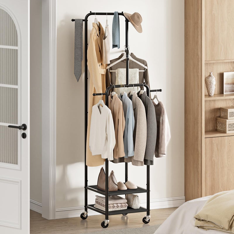 Chrislley Small Clothing Rack With Wheels, 71" Portable Rolling Garment Rack With 2 Shelves and 6 Hooks, 3-Section Different Heights Heavy Duty Metal Clothes Rack For Coats, Shirts, Bags, Shoes, Black - Image 2