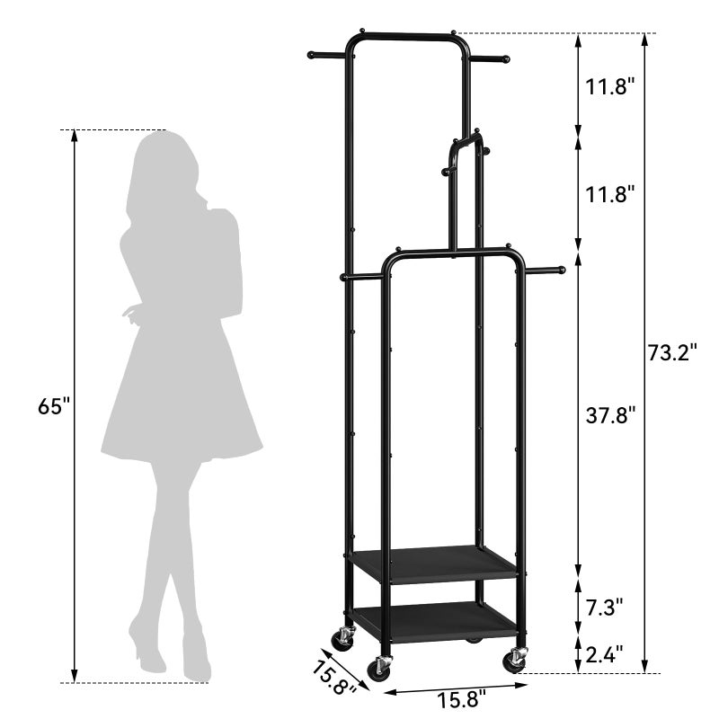 Chrislley Small Clothing Rack With Wheels, 71" Portable Rolling Garment Rack With 2 Shelves and 6 Hooks, 3-Section Different Heights Heavy Duty Metal Clothes Rack For Coats, Shirts, Bags, Shoes, Black - Image 3