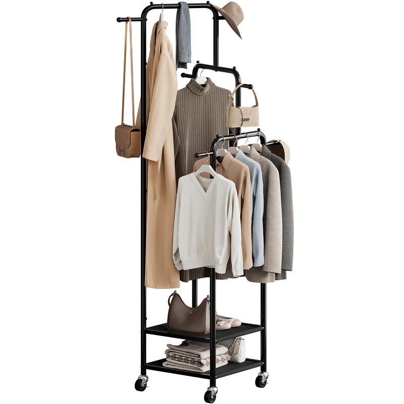 Chrislley Small Clothing Rack With Wheels, 71" Portable Rolling Garment Rack With 2 Shelves and 6 Hooks, 3-Section Different Heights Heavy Duty Metal Clothes Rack For Coats, Shirts, Bags, Shoes, Black - Image 1