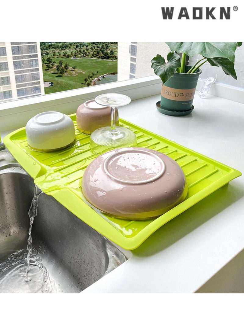 WAOKN Multifunctional large kitchen drain tray fruit and vegetable plastic drain tray rectangular bowl and chopsticks tableware drain rack（green）  - Image 2