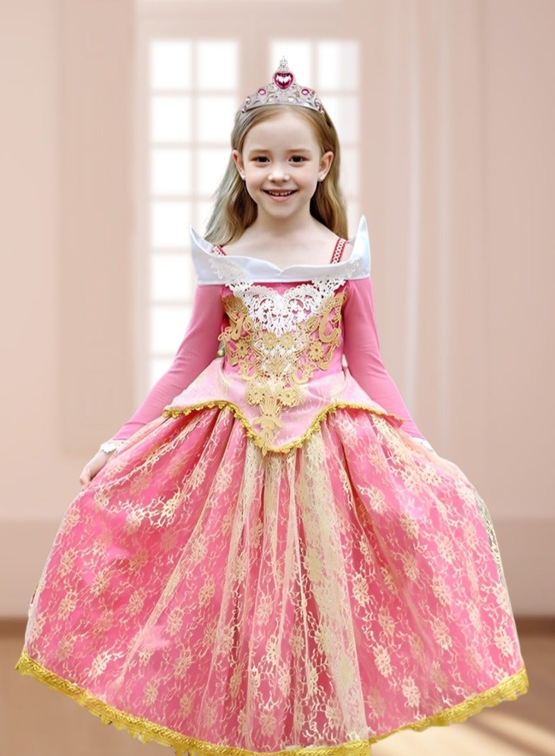 Princess Dress Clothes with Crown Gloves and Magic Wand, Pretend Princess Skirt Set for Girls Kids Suit for Evenning Party Performance 110cm Height Kids Pink - Image 2