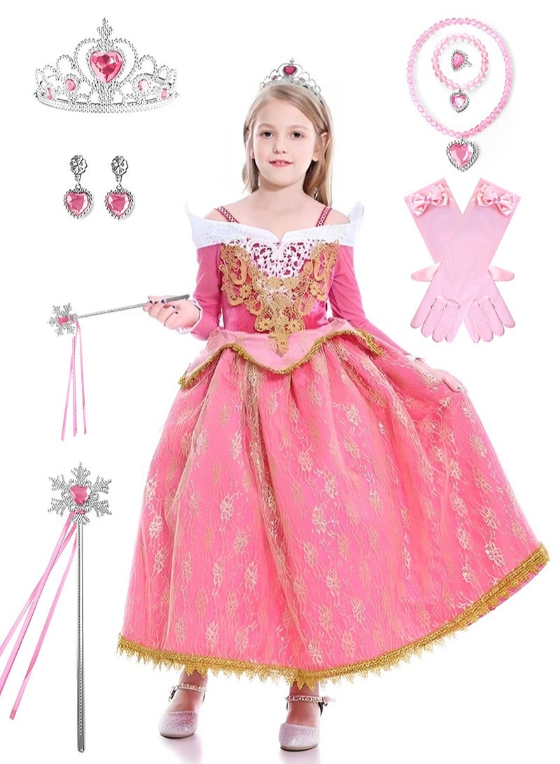 Princess Dress Clothes with Crown Gloves and Magic Wand, Pretend Princess Skirt Set for Girls Kids Suit for Evenning Party Performance 110cm Height Kids Pink - Image 1
