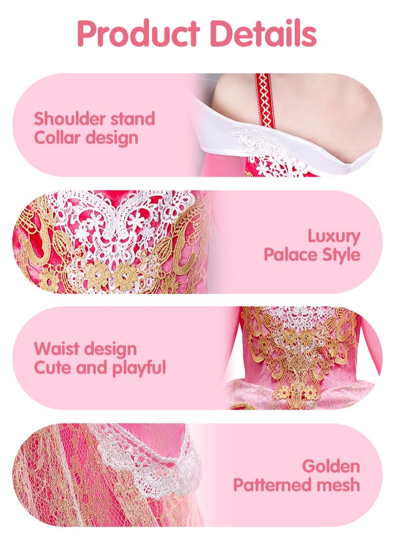 Princess Dress Clothes with Crown Gloves and Magic Wand, Pretend Princess Skirt Set for Girls Kids Suit for Evenning Party Performance 110cm Height Kids Pink - Image 3