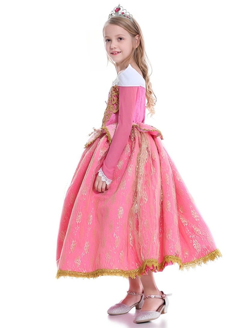 Princess Dress Clothes with Crown Gloves and Magic Wand, Pretend Princess Skirt Set for Girls Kids Suit for Evenning Party Performance 110cm Height Kids Pink - Image 4