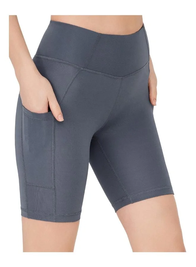 Los Ojos Women's Anthracite High-Waist Shaping Double-Pocket Biker Short Sport Leggings.