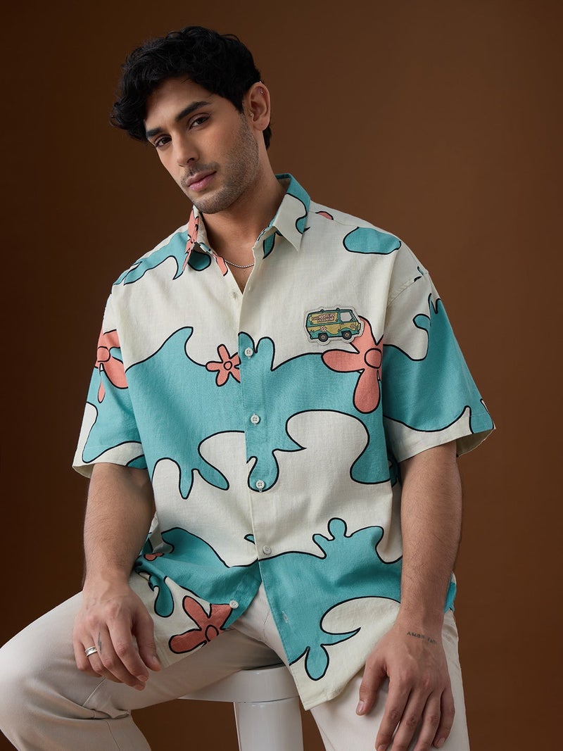 The Souled Store Scooby Doo: Mystery Machine Men and Boys Short Sleeve Spread Collar Off-White Graphic Printed Cotton Oversized Shirt - Image 4