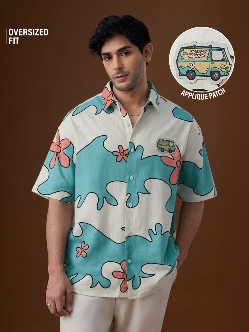 The Souled Store Scooby Doo: Mystery Machine Men and Boys Short Sleeve Spread Collar Off-White Graphic Printed Cotton Oversized Shirt - Image 1