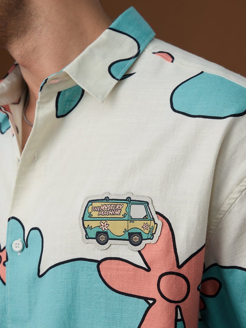 The Souled Store Scooby Doo: Mystery Machine Men and Boys Short Sleeve Spread Collar Off-White Graphic Printed Cotton Oversized Shirt - Image 2
