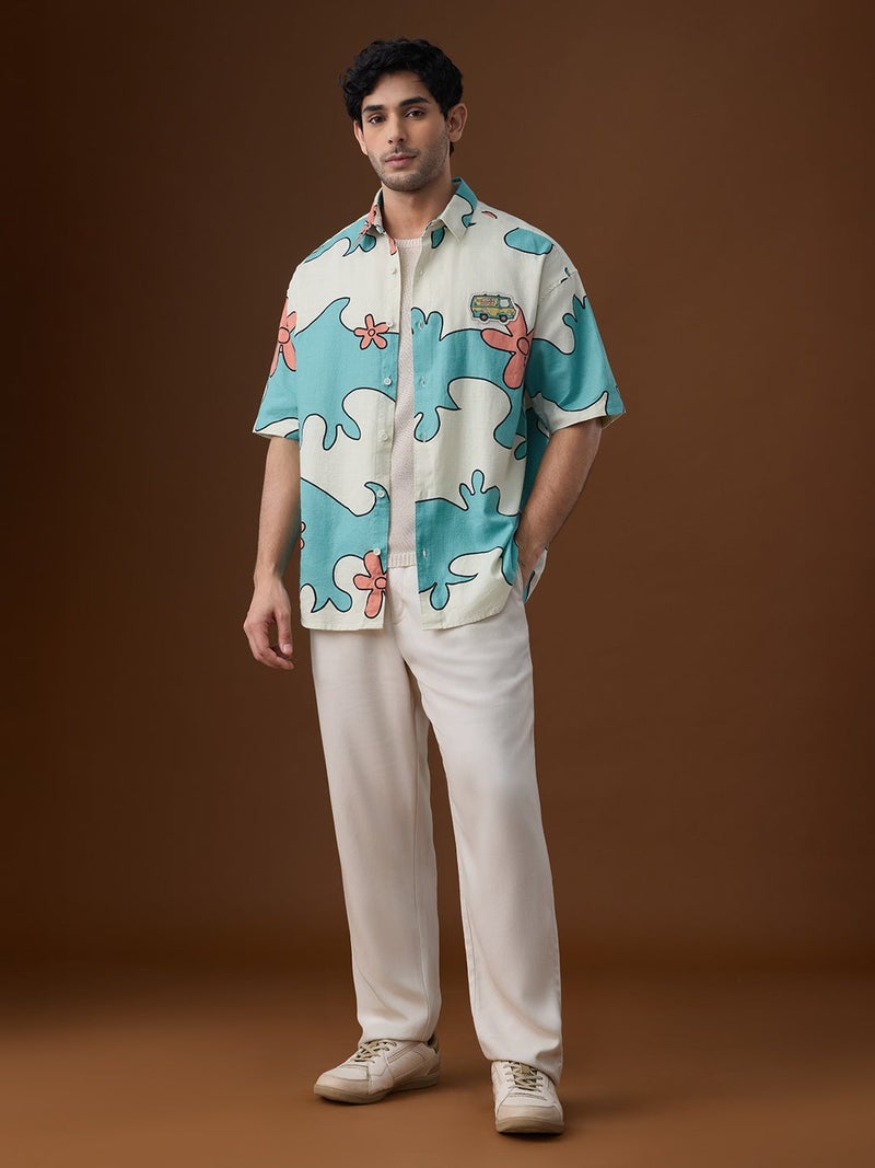 The Souled Store Scooby Doo: Mystery Machine Men and Boys Short Sleeve Spread Collar Off-White Graphic Printed Cotton Oversized Shirt - Image 3