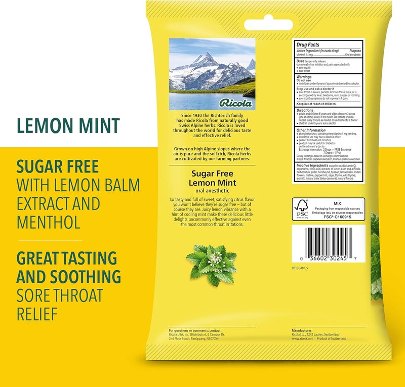 Ricola Sugar Free Lemon Mint Throat Drops 45 Count Refreshing Relief From Minor Throat Irritations Oral Anesthetic - Image 2