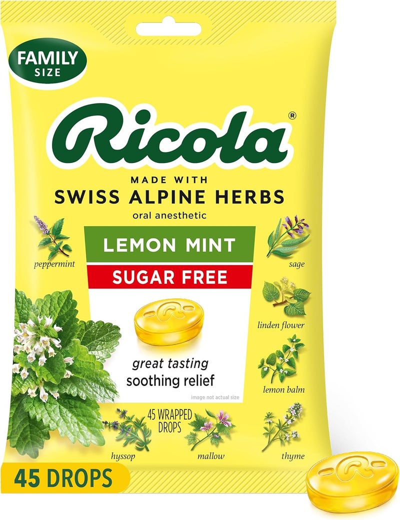 Ricola Sugar Free Lemon Mint Throat Drops 45 Count Refreshing Relief From Minor Throat Irritations Oral Anesthetic - Image 1