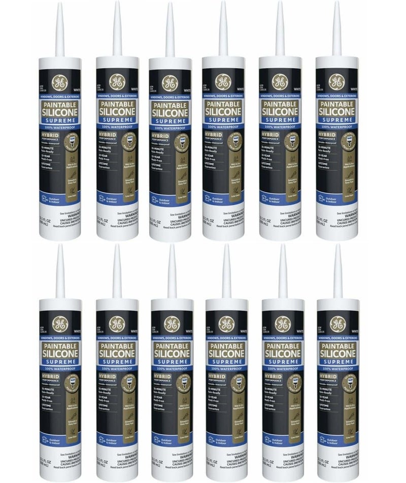 GE Supreme Paintable Silicone Caulk for Window & Door, White, 9.5 fl oz Cartridge, 12 Pack - 100% Waterproof Silicone Sealant, 7X Stronger Adhesion, Freeze & Sun Proof - Image 1