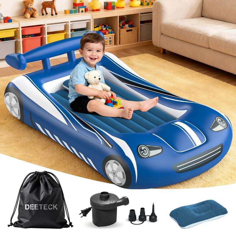 Deeteck Inflatable Toddler Travel Bed - Kids Air Mattress with Car Design,Toddler Blow Up Mattress for Baby Camping, Travel, Hotel, Grandma's Sleepovers or Home Use, Includes Electric Pump - Image 1