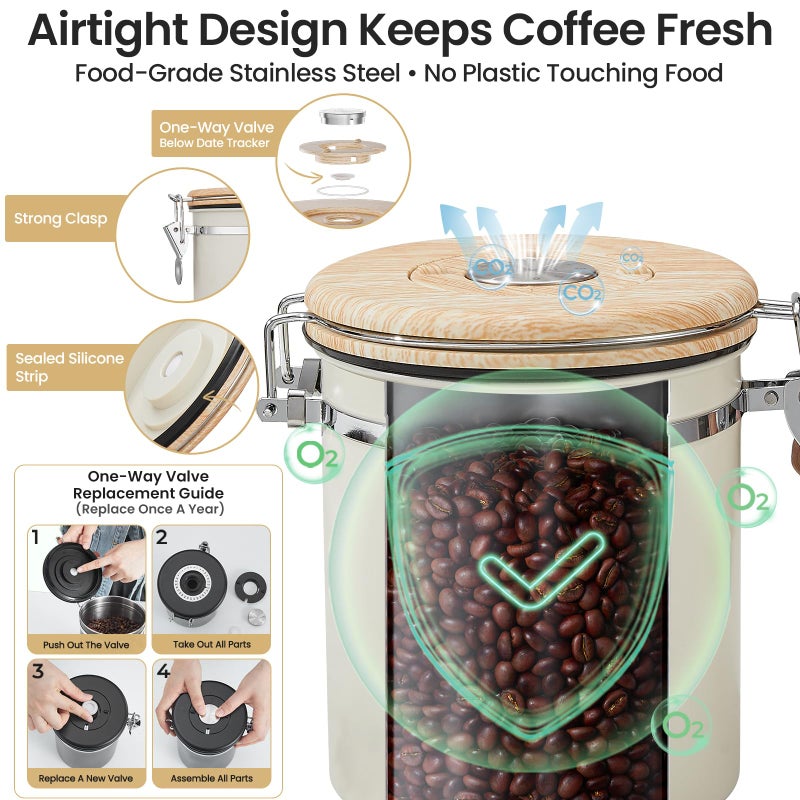 Veken Coffee Canister, Airtight Stainless Steel Kitchen Food Storage Container with Date Tracker and Scoop for Beans, Grounds, Tea, Flour, Cereal, Sugar, Cookie, 16OZ, Cream - Image 3