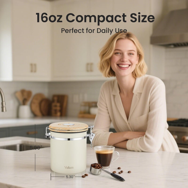 Veken Coffee Canister, Airtight Stainless Steel Kitchen Food Storage Container with Date Tracker and Scoop for Beans, Grounds, Tea, Flour, Cereal, Sugar, Cookie, 16OZ, Cream - Image 2