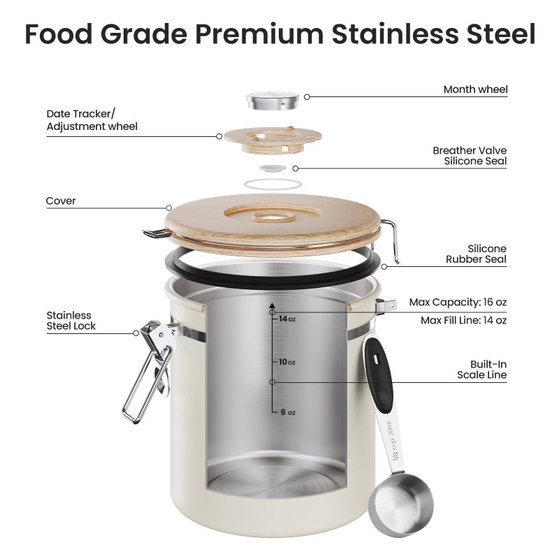 Veken Coffee Canister, Airtight Stainless Steel Kitchen Food Storage Container with Date Tracker and Scoop for Beans, Grounds, Tea, Flour, Cereal, Sugar, Cookie, 16OZ, Cream - Image 4