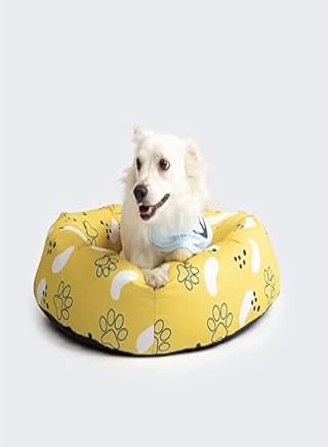 Ariika snoozy pet bed small 40x60x20 yellow paws suitable for dogs & cats - removable cover round bed of high-grade fiber filling