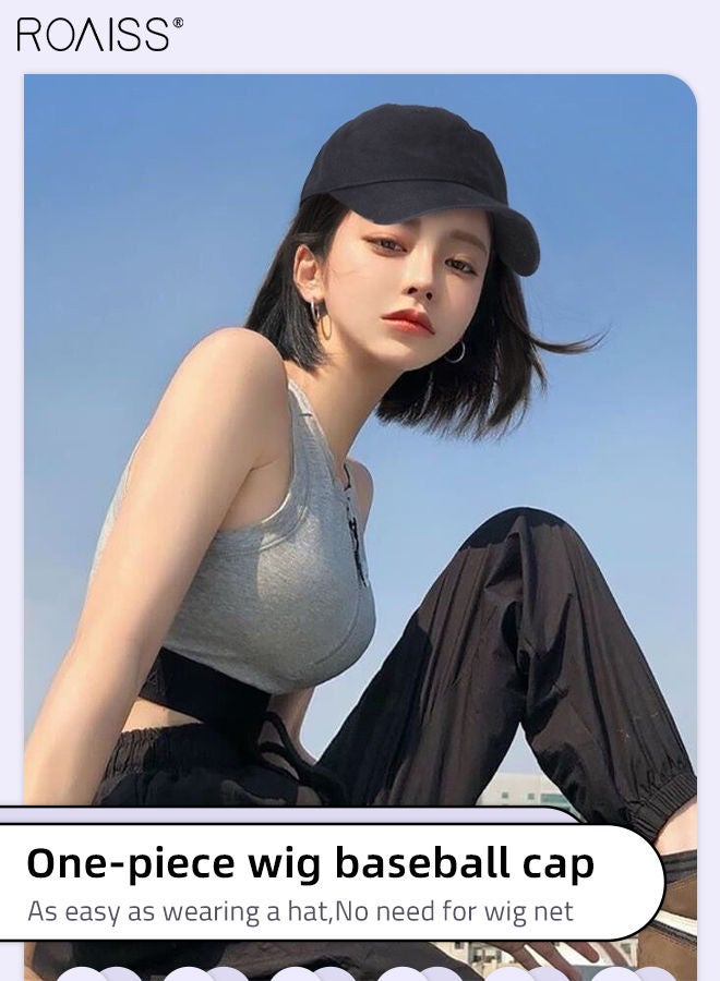 roaiss Short Baseball Cap Wig with Straight Hair Extension Synthetic Wig Hat for Women Adjustable Black Baseball Hat Wig, 20cm (8 inch) - Image 2